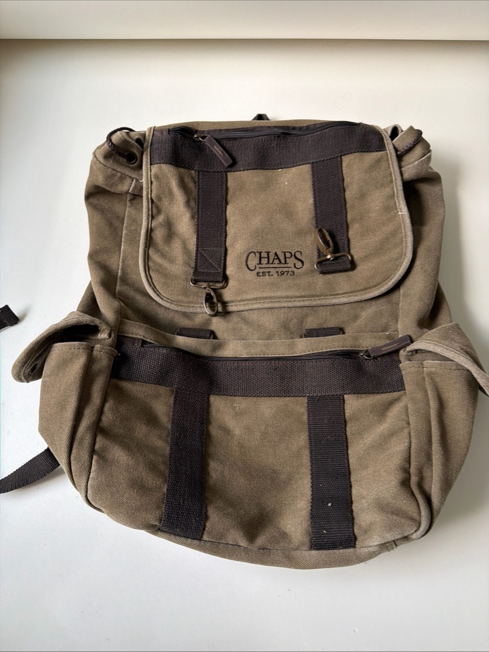 Chaps Olive and Dark Brown Canvas Backpack